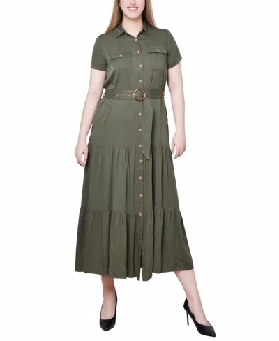 Ny Collection Petite Short Sleeve Midi Twill Dress In Dark Olive