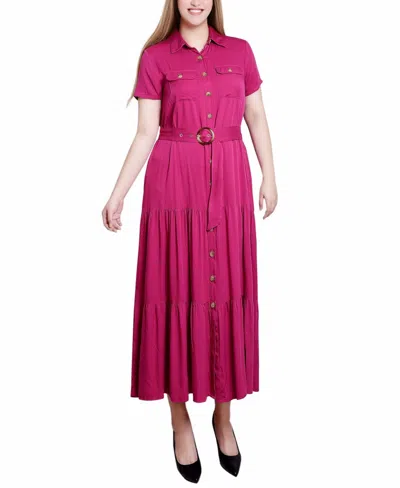 Ny Collection Women's Short Sleeve Midi Twill Dress In Festival Fuchsia