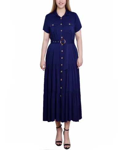 Ny Collection Petite Short Sleeve Midi Twill Dress In Navy