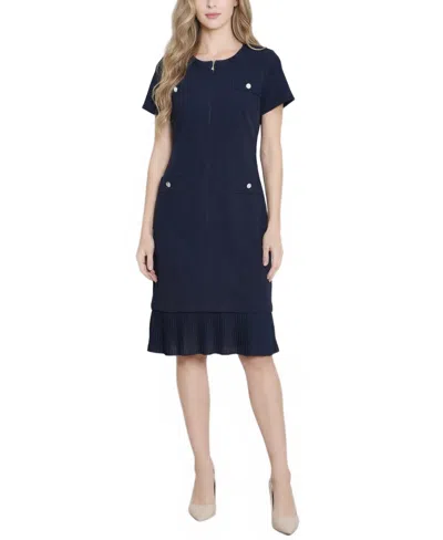 Ny Collection Petite Short Sleeve Pleat Hem Dress In Blue