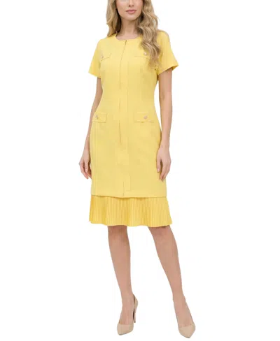 Ny Collection Petite Short Sleeve Pleat Hem Dress In Yellow