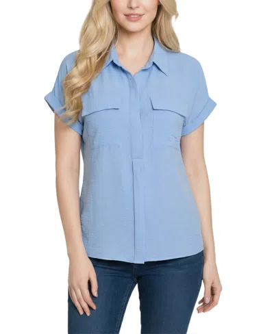 Ny Collection Petite Short Sleeve Roll Cuff Blouse In Blue