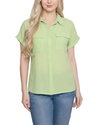 Ny Collection Petite Short Sleeve Roll Cuff Blouse In Green