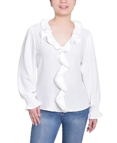Ny Collection Petite Short Sleeve Ruffle Front Top In White
