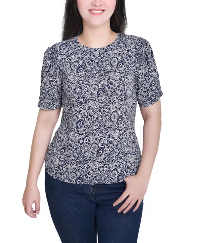 Ny Collection Petite Short Sleeve Scoop Neck Top In Gray
