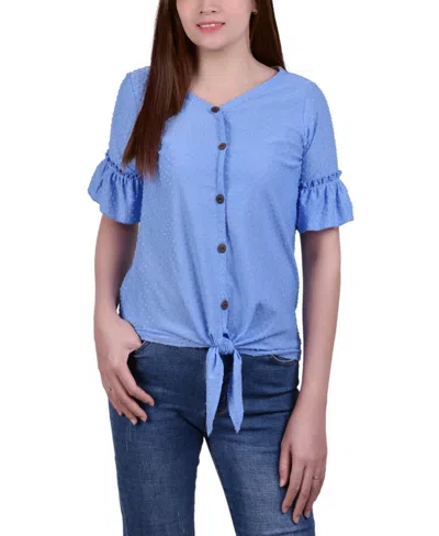 Ny Collection Petite Short Sleeve Tie Waist Swiss Dot Top In Blue