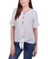 Ny Collection Petite Short Sleeve Tie Waist Swiss Dot Top In White