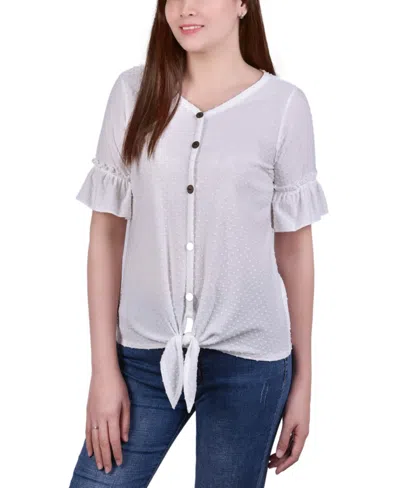 Ny Collection Petite Short Sleeve Tie Waist Swiss Dot Top In White