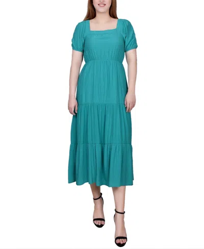 Ny Collection Petite Short Sleeve Tiered Midi Dress In Teal