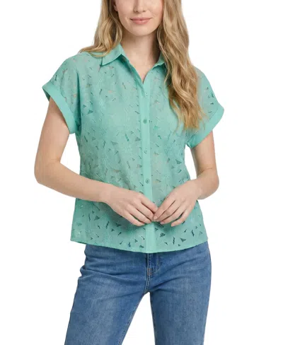Ny Collection Petite Short-sleeve Eyelet Top In Green