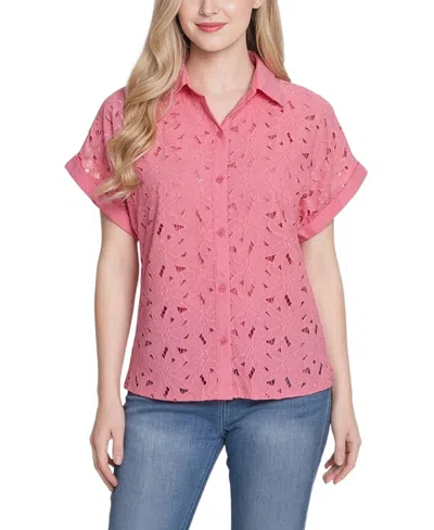 Ny Collection Petite Short-sleeve Eyelet Top In Pink