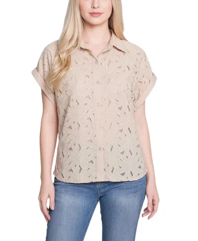 Ny Collection Petite Short-sleeve Eyelet Top In Neutral