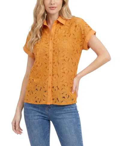 Ny Collection Petite Short-sleeve Eyelet Top In Yellow