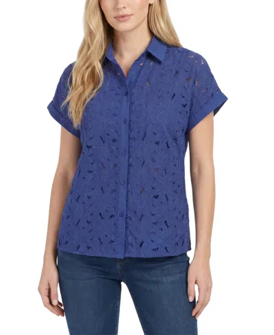 Ny Collection Petite Short-sleeve Eyelet Top In Blue