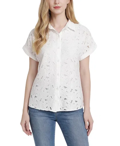 Ny Collection Petite Short-sleeve Eyelet Top In White