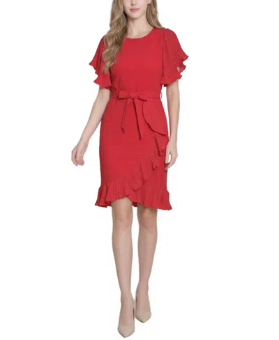 Ny Collection Petite Short-sleeve Pleated Ruffle Dress In Red