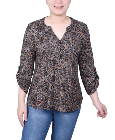 Ny Collection Petite Size 3/4 Roll Sleeve Top In Black Brown Paisley