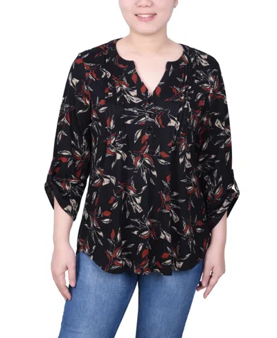Ny Collection Petite Size 3/4 Roll Sleeve Top In Black Orange Ivory Floral