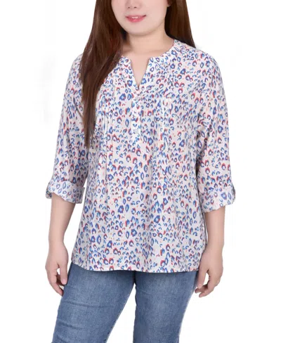 Ny Collection Petites Womens Printed Pleated Blouse In White