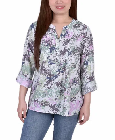 Ny Collection Petite Size 3/4 Roll Tab Sleeve Blouse Top In Multi