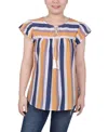 Ny Collection Petite Size Drawstring Neck Top In Blue Gold Stripe