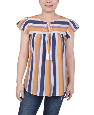 Ny Collection Petite Size Drawstring Neck Top In Blue Gold Stripe
