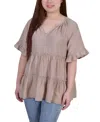 Ny Collection Petite Size Short Sleeve Tiered Blouse In Doeskin