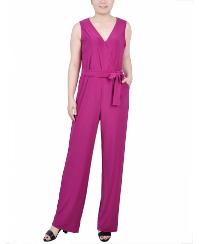 Ny Collection Petite Sleeveless Belted Jumpsuit In Purple Wine