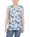 Ny Collection Petite Sleeveless Pintucked Blouse In Ivory Tropical Leaves