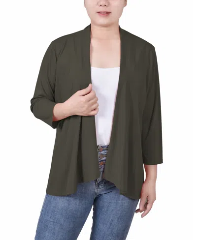 Ny Collection Petite Solid 3/4 Sleeve Cardigan Sweater In Green
