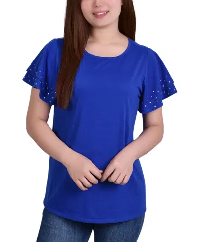 Ny Collection Petite Studded Short Sleeve Top In Blue