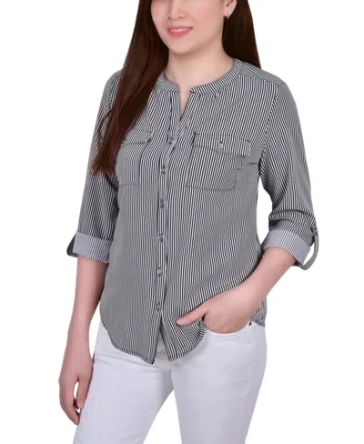 Ny Collection Petite Tab Y Neck Blouse In Black,white Torterella