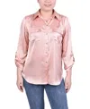 Ny Collection Petite Tabbed Long Sleeve Satin Blouse In Champagne