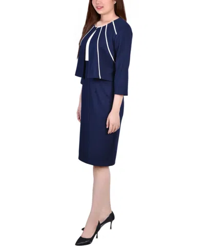 Ny Collection Petite Two Piece Jacket And Dress Set In Navy