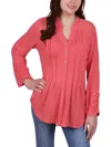Ny Collection Plus Size Long Sleeve Pleat Front Y-neck Blouse With Rounded Hem In Multi