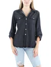 Ny Collection Petites Womens Adjustable Sleeves Frayed Hem Button-down Top In Blue