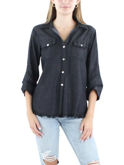 Ny Collection Petites Womens Adjustable Sleeves Frayed Hem Button-down Top In Grey