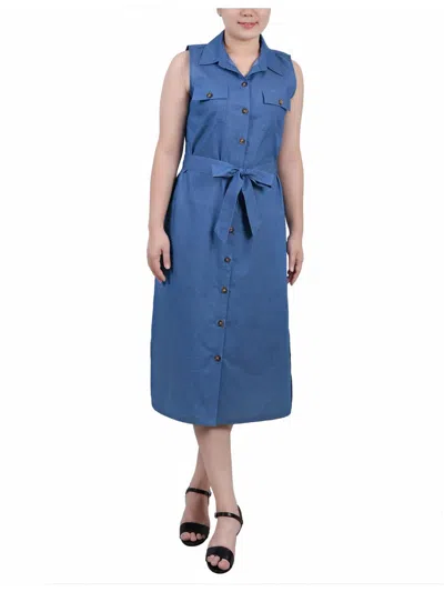 Ny Collection Petites Womens Button Cotton Midi Dress In Blue