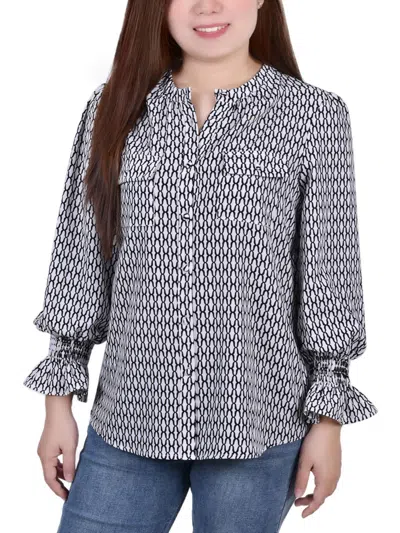 Ny Collection Petites Womens Button Down Crew Neck Blouse In Grey