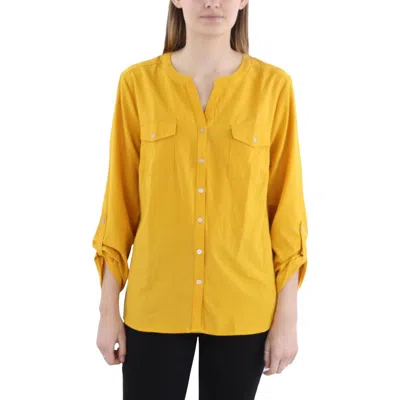Ny Collection Petites Womens Button-front Long Sleeve Blouse In Gold