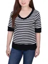 Ny Collection Petites Womens Button Sleeves Cotton Pullover Top In Multi