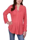 Ny Collection Plus Size Long Sleeve Pleat Front Y-neck Blouse With Rounded Hem In Multi