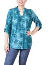 Ny Collection Plus Size 3/4 Roll Tab Sleeve Smocked-yoke Top In Multi