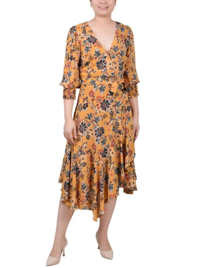 Ny Collection Petites Womens Chiffon Floral Midi Dress In Honey Wallflower