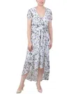 Ny Collection Petite Short Sleeve Handkerchief Hem Chiffon Dress In Multi