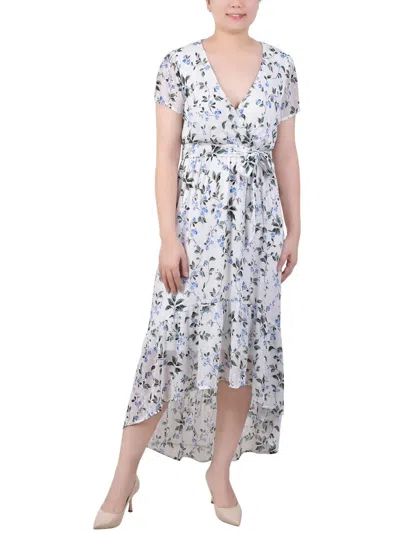 Ny Collection Petite Short Sleeve Handkerchief Hem Chiffon Dress In Ivory Blue Floral