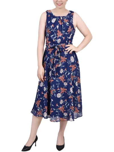 Ny Collection Petites Womens Chiffon Printed Midi Dress In Blue