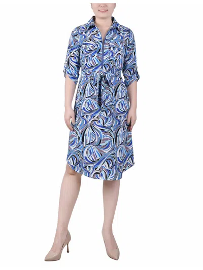 Ny Collection Petite 3/4 Roll Tab Zip Front Shirtdress In Blue White Black Pucci