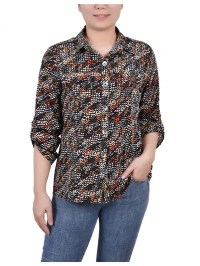 Ny Collection Petites Womens Collar Three Quarter Sleeve Button-down Top In Multi