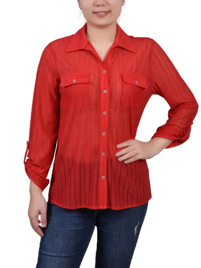 Ny Collection Petites Womens Collared Adjustable Sleeve Button-down Top In Multi